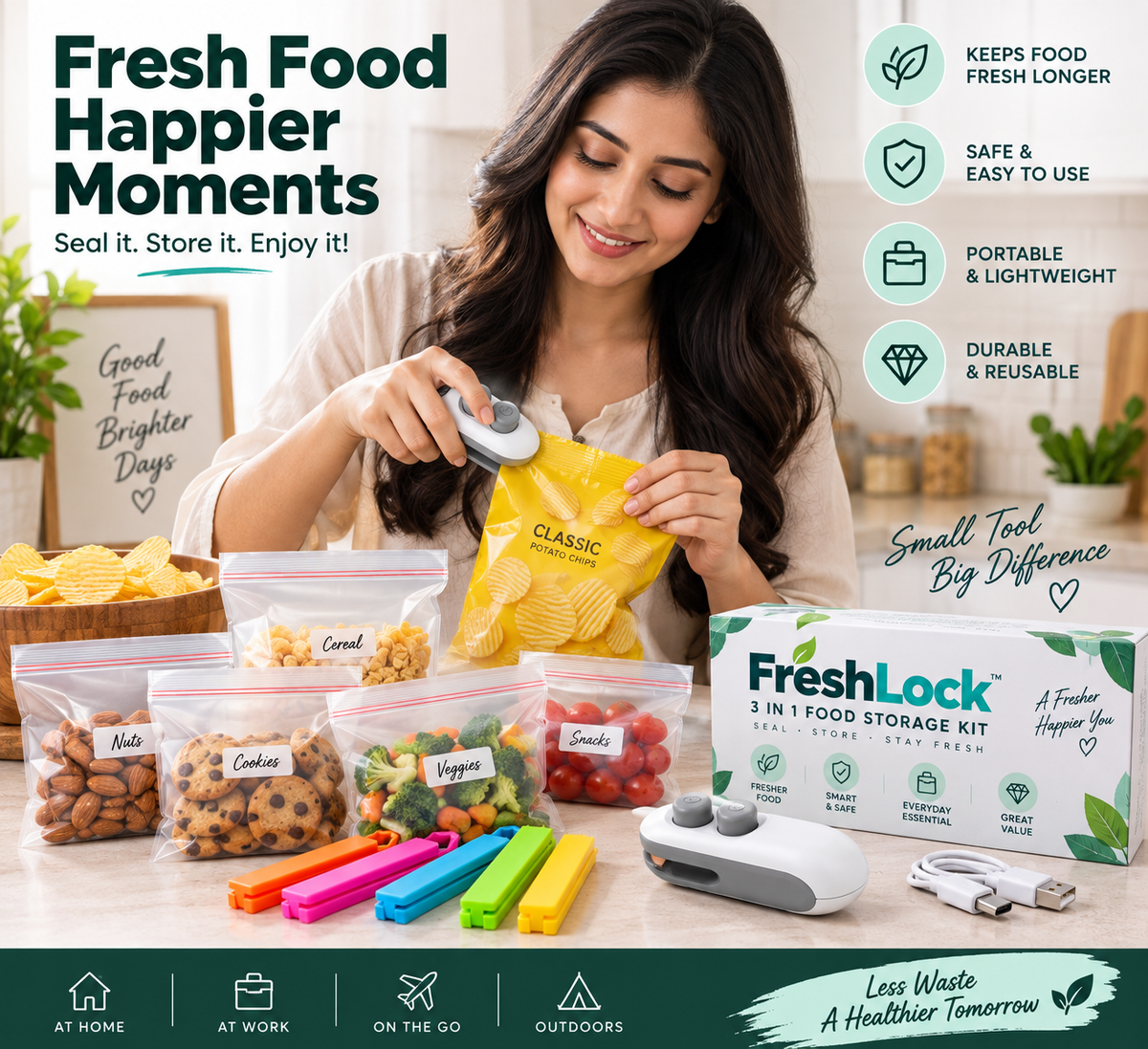 3-in-1 Food Storage Kit – Rechargeable Heat Sealer, 5 Reusable Storage Bags & 5 Bag Clips