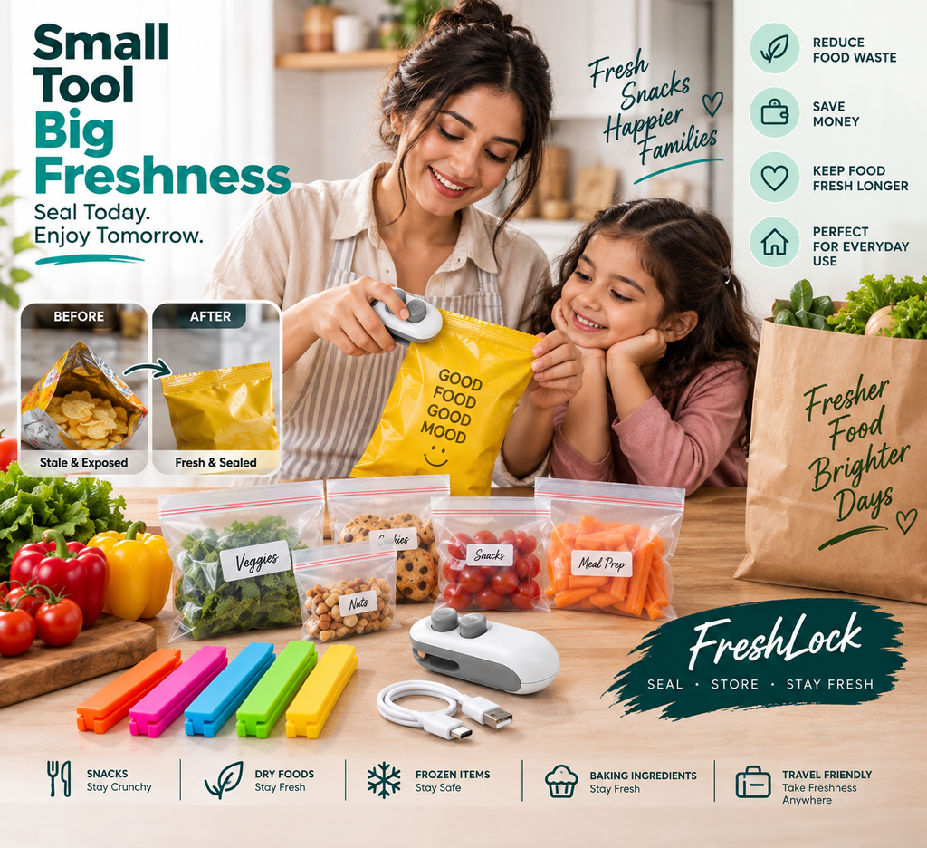 3-in-1 Food Storage Kit – Rechargeable Heat Sealer, 5 Reusable Storage Bags & 5 Bag Clips
