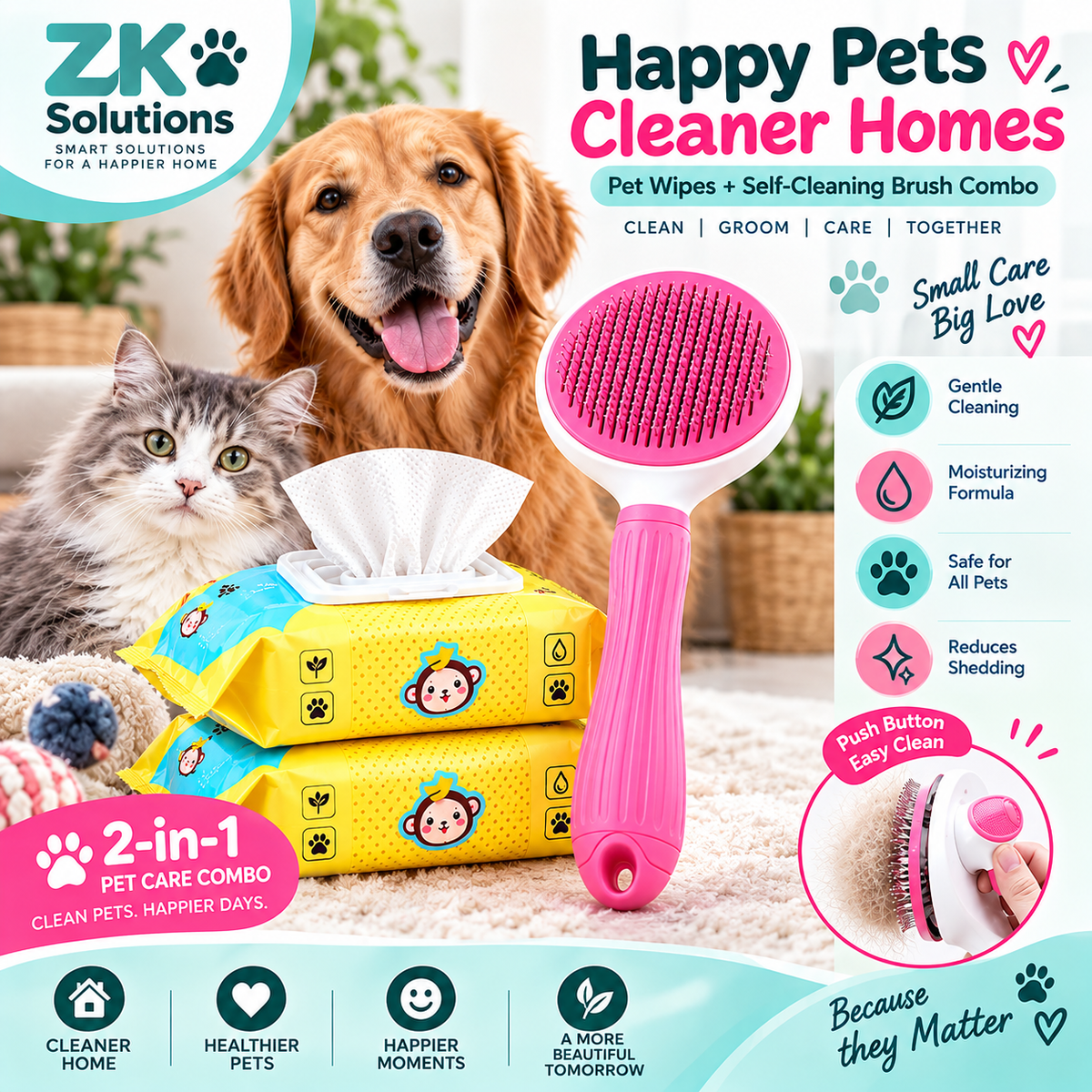 2-in-1 Pet Grooming & Cleaning Combo – Self-Cleaning Slicker Brush + Gentle Pet Cleaning Wipes for Dogs & Cats