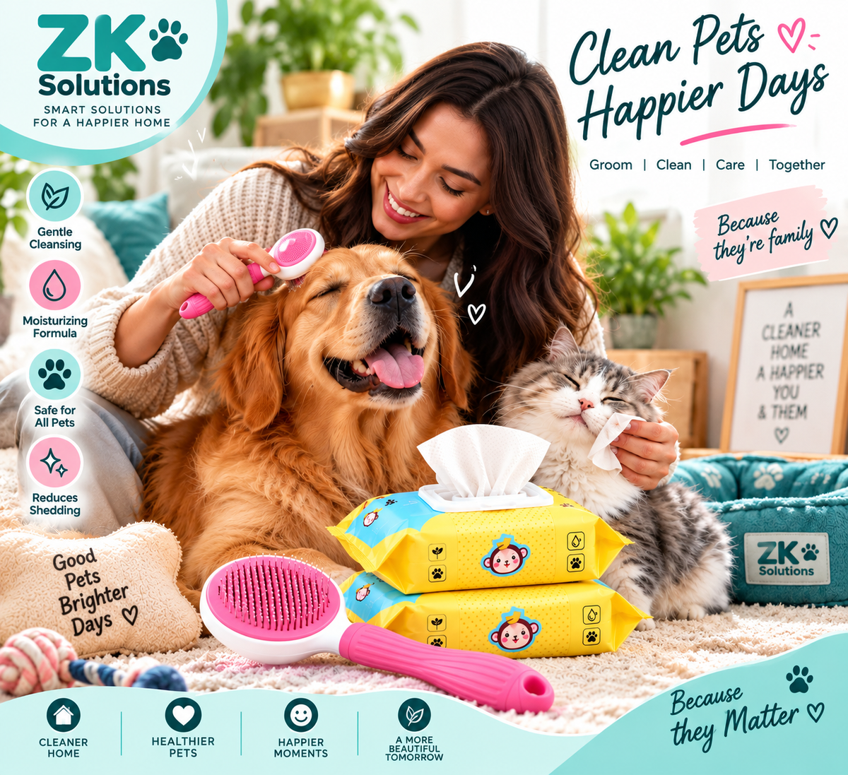 2-in-1 Pet Grooming & Cleaning Combo – Self-Cleaning Slicker Brush + Gentle Pet Cleaning Wipes for Dogs & Cats