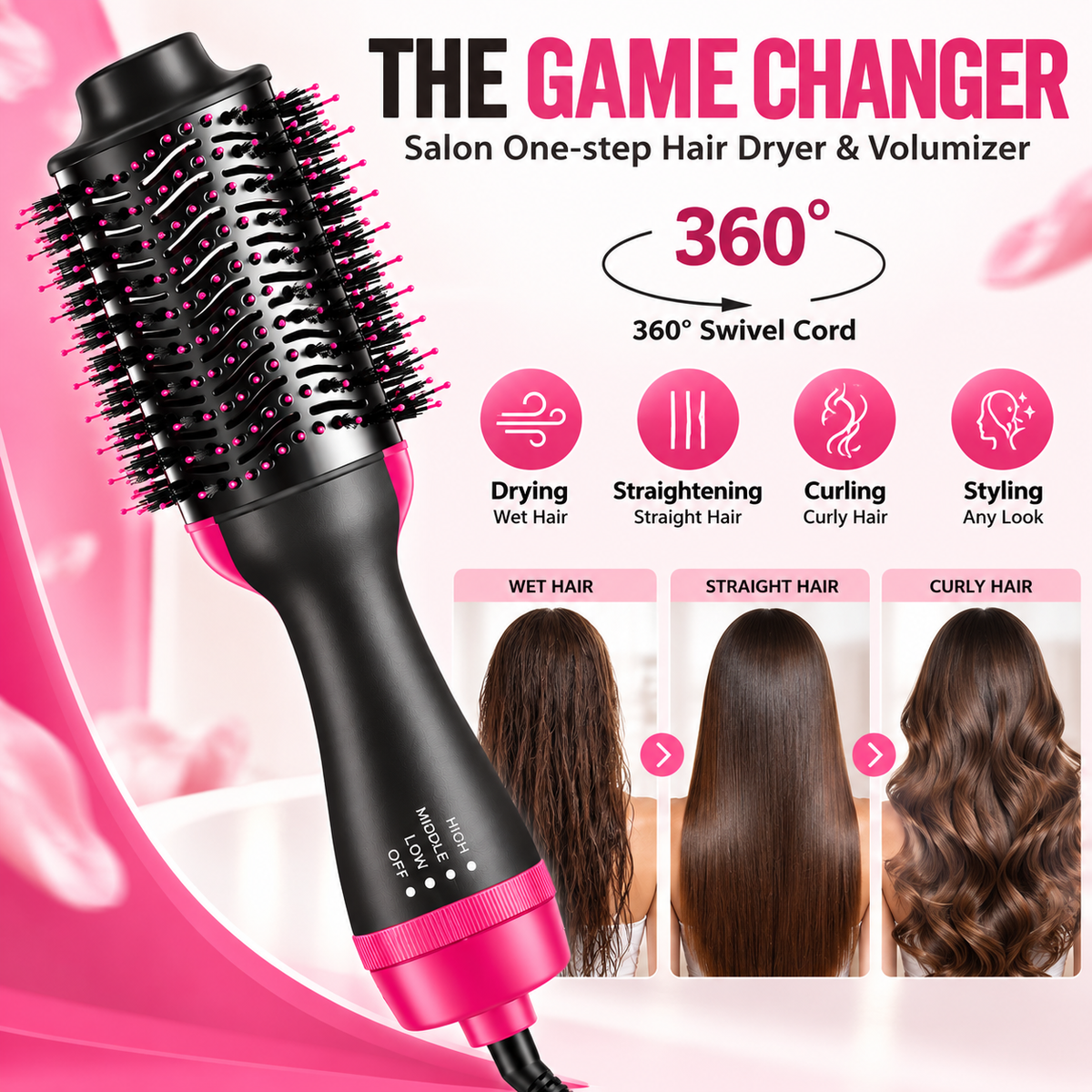 3-in-1 Hot Air Hair Dryer Brush – Style, Dry &amp; Volumize Your Hair with Ease