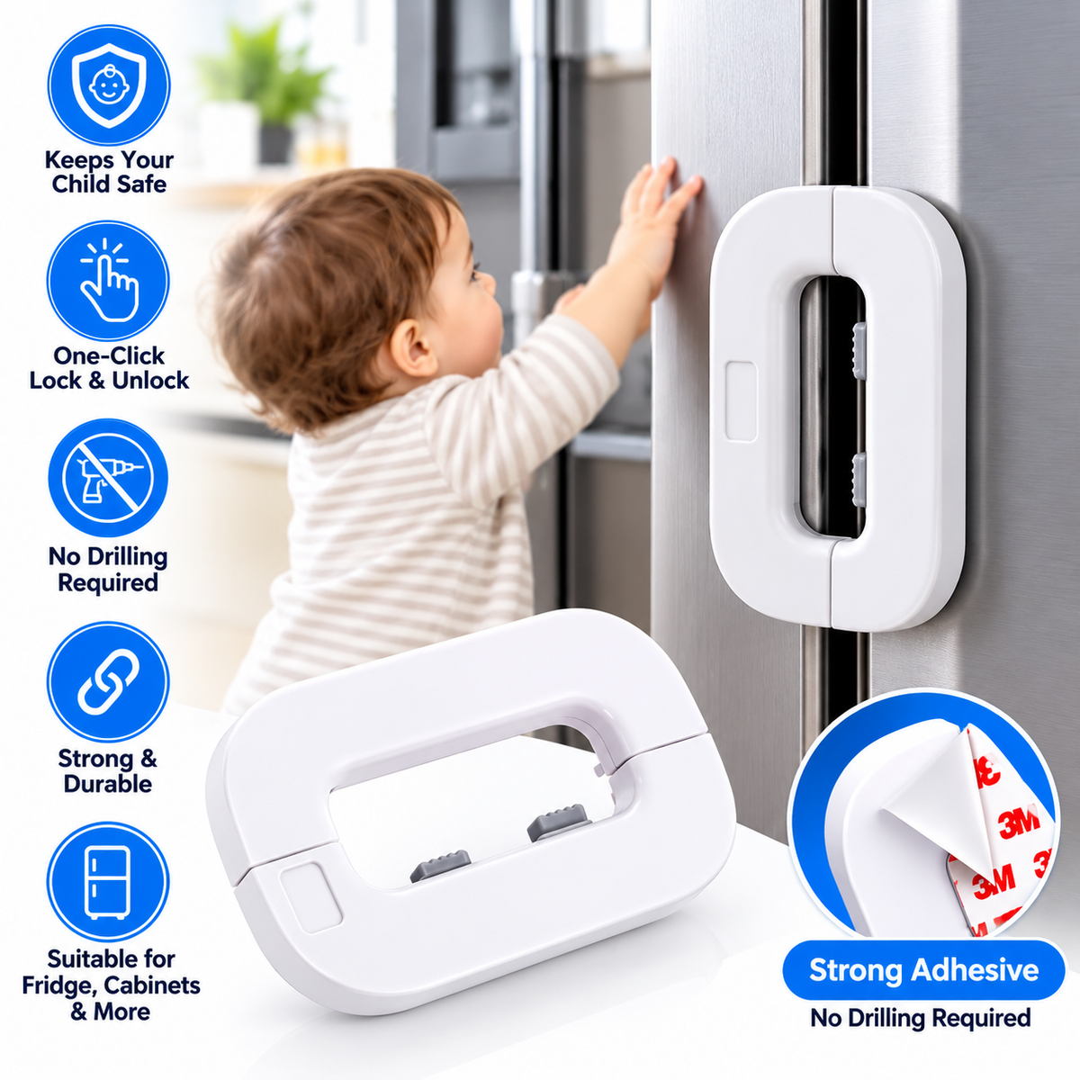 Child Safety Fridge Lock – No-Drill Adhesive Refrigerator & Cabinet Safety Lock