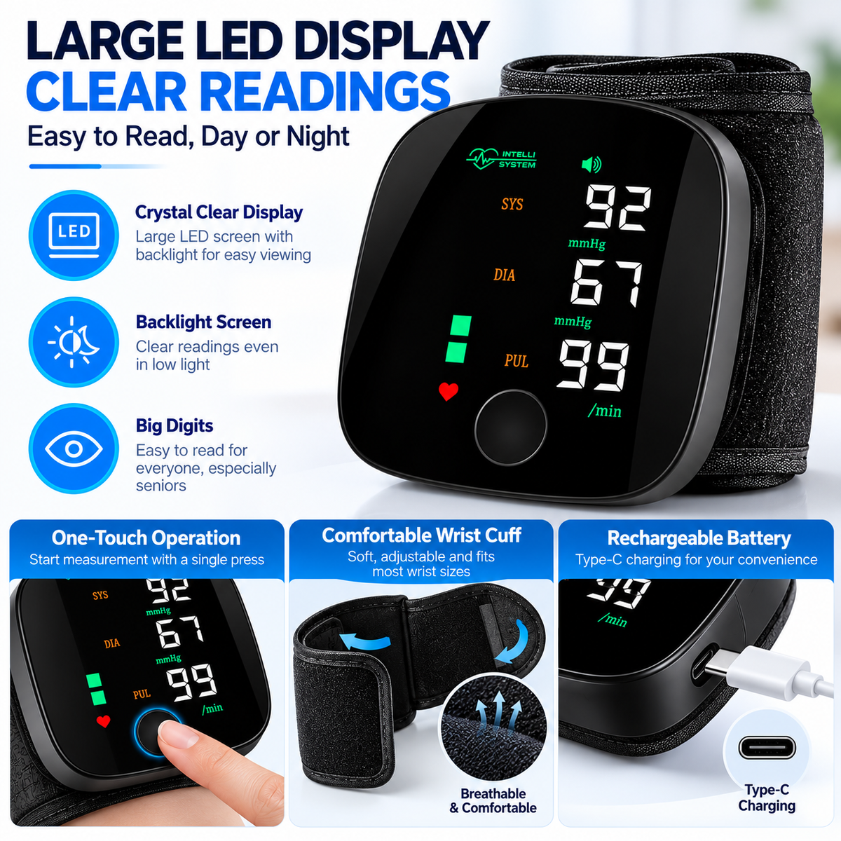 Rechargeable Wrist Blood Pressure Monitor with Large LED Display