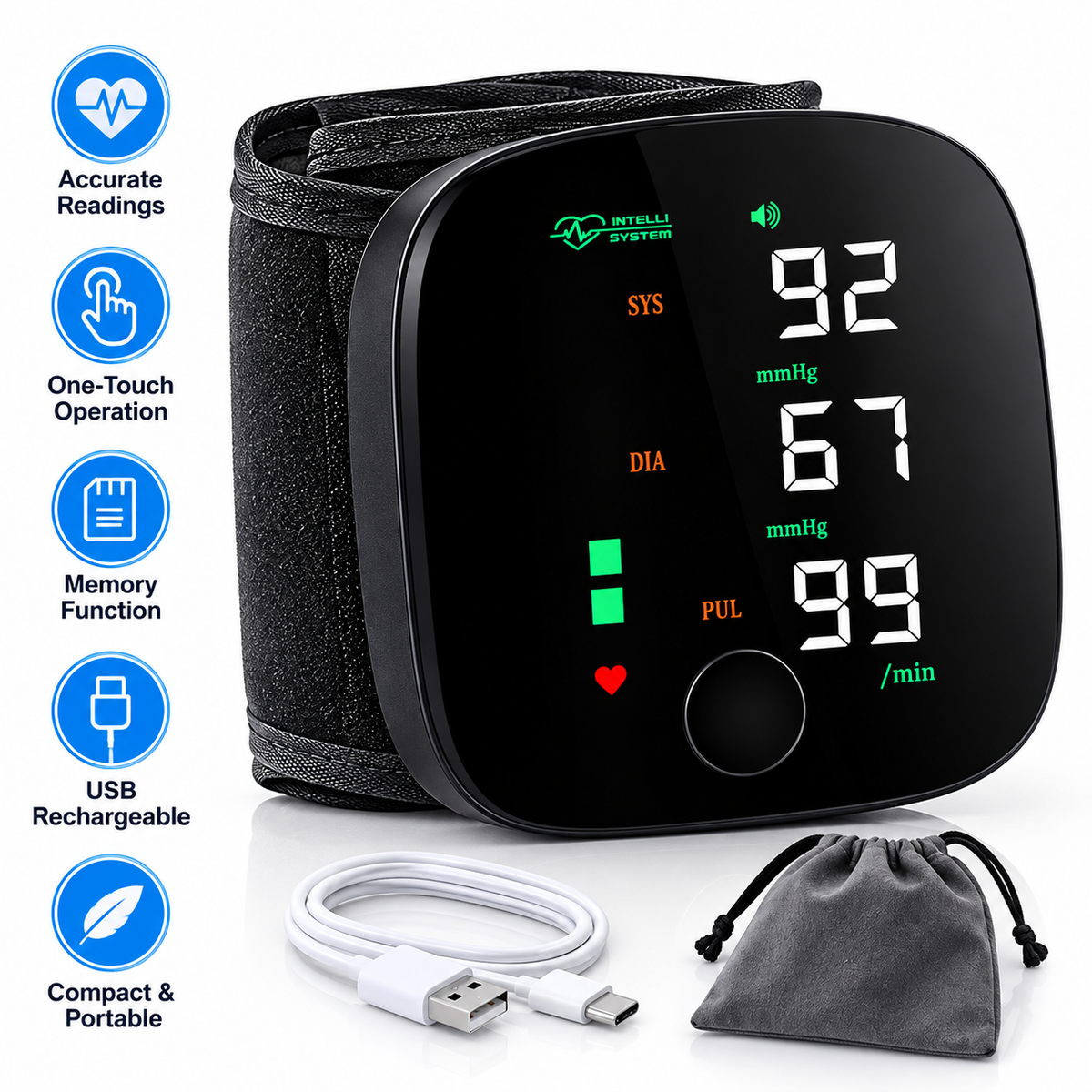 Rechargeable Wrist Blood Pressure Monitor with Large LED Display