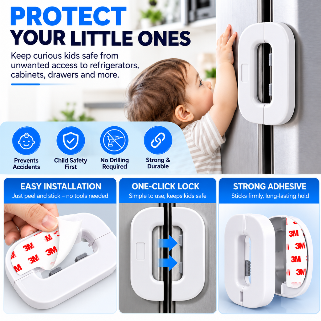 Child Safety Fridge Lock – No-Drill Adhesive Refrigerator & Cabinet Safety Lock