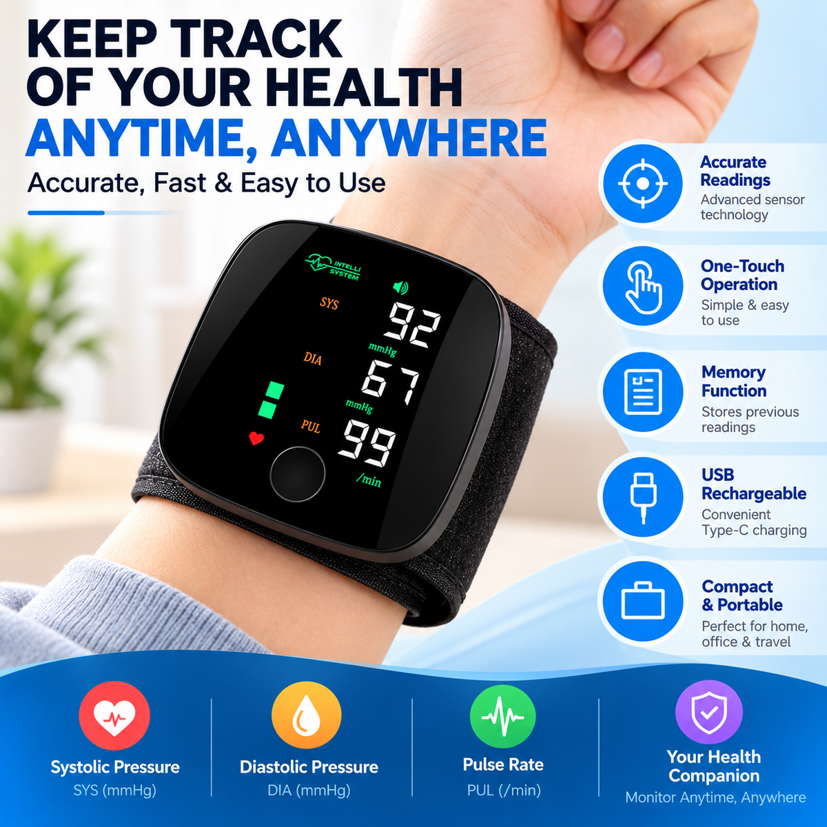 Rechargeable Wrist Blood Pressure Monitor with Large LED Display