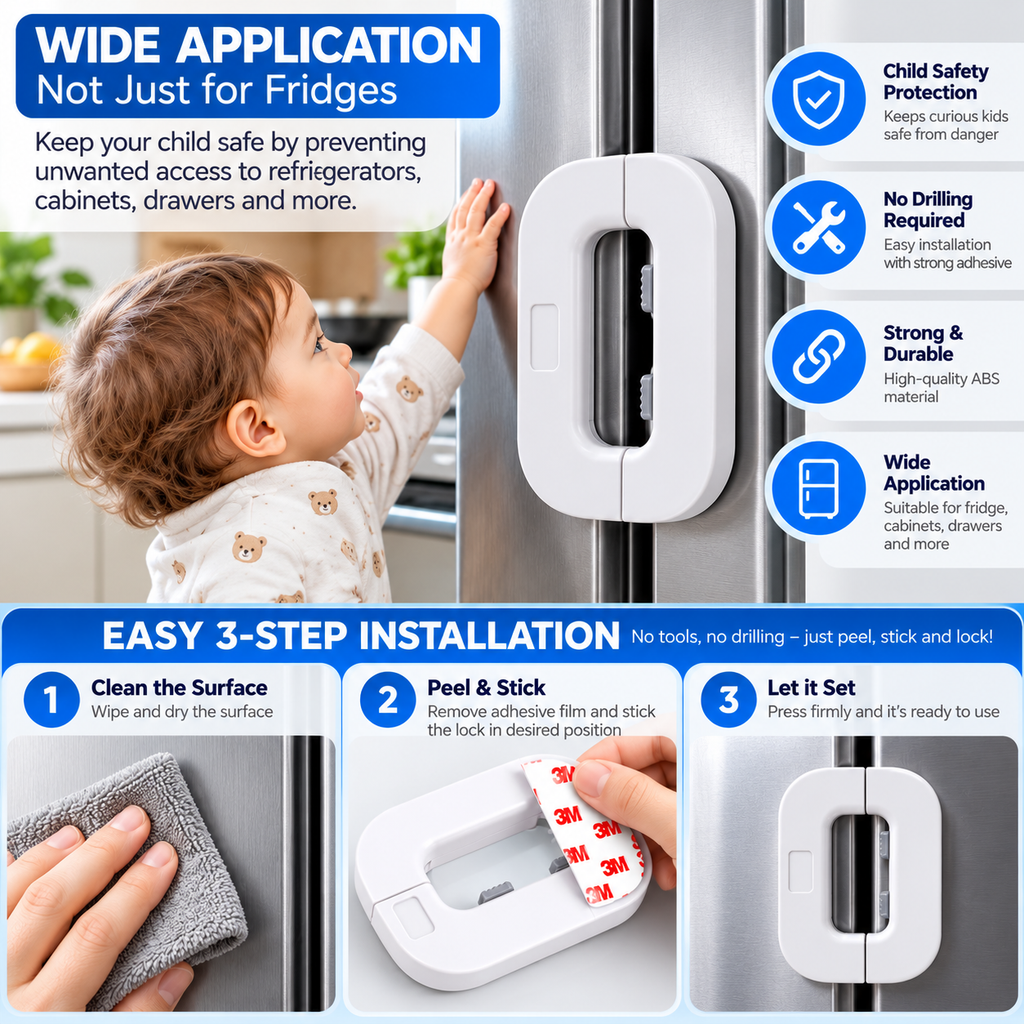Child Safety Fridge Lock – No-Drill Adhesive Refrigerator & Cabinet Safety Lock
